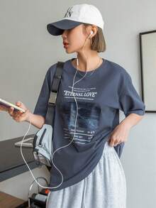 DAZY 女士休闲简约口号印花短袖 T 恤夏季超大码 T 恤、图案 T 恤 - 霧霾藍 - 查看 7