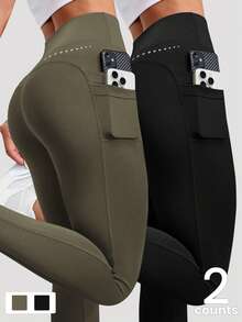 Velisys Velisys 2pcs/Set Regular Leggings/Basic Style/Black + Army Green/Sports Leggings/Fitness/Yoga - Multicolor - View 1