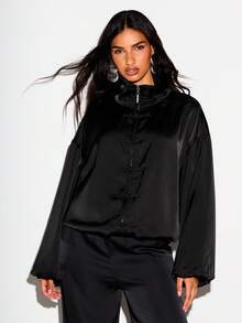 KIZN Satin Bomber Jacket With Mandarin Collar Frog Clasp Closures Oversized Fit Blouson Sleeves Luxe Finish - Black - View 2
