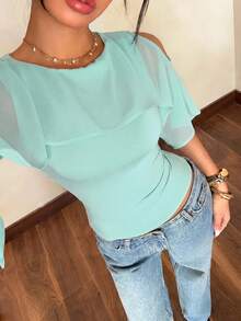 Siren Gaze Women's Solid Color Pleated Fitted Versatile Everyday Shawl Top Turquoise,Teal Blue,Light Blue - Mint Blue - View 3