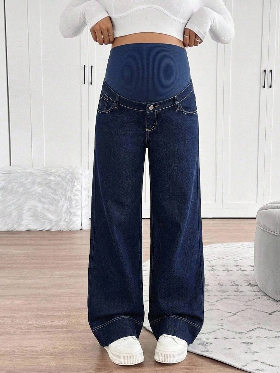 SHEIN Maternity Knit Belly Support Blue Denim Loose Straight Leg Pants - Blue - View 1