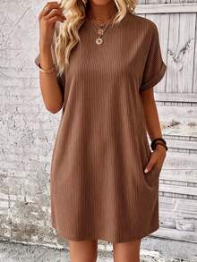 EMERY ROSE Striped Batwing Sleeve Casual Vacation Dress - Brown - View 4