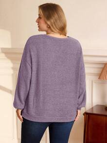 EMERY ROSE Plus Size Women Solid Color Round Neck Drop Shoulder Long Sleeve Casual Loose Sweatshirt - Dusty Purple - View 3