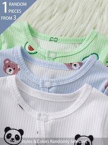 SHEIN 3套隨機發貨 1套春夏新生兒連身衣 白色熊貓、綠色酪梨、藍色小熊，可愛卡通元素印花，柔軟舒適羅紋布料，長袖長褲連身衣附帽子組合 - 彩色 - 查看 6