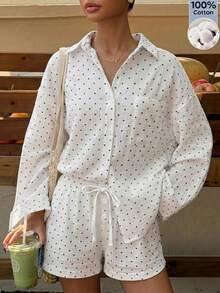 SHEIN EZwear 女款秋季新款休閒度假風黑白波點編織落肩長袖襯衫短褲套裝，適合海灘度假 - 黑與白 - 查看 4