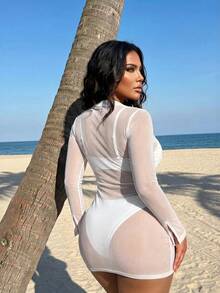 SHEIN Swim Plus Size Solid Color Versatile Sheer Long Sleeve Cover-Up Dress - White - View 2
