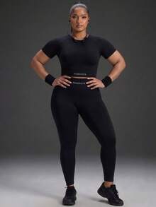 Powerista Women's Plus Size  Summer Gym And Workout Athletic Withe Letter Print Short Sleeve Top And High Waist Leggings Sport Set Casual Daily Sports Outfit - Black - View 6