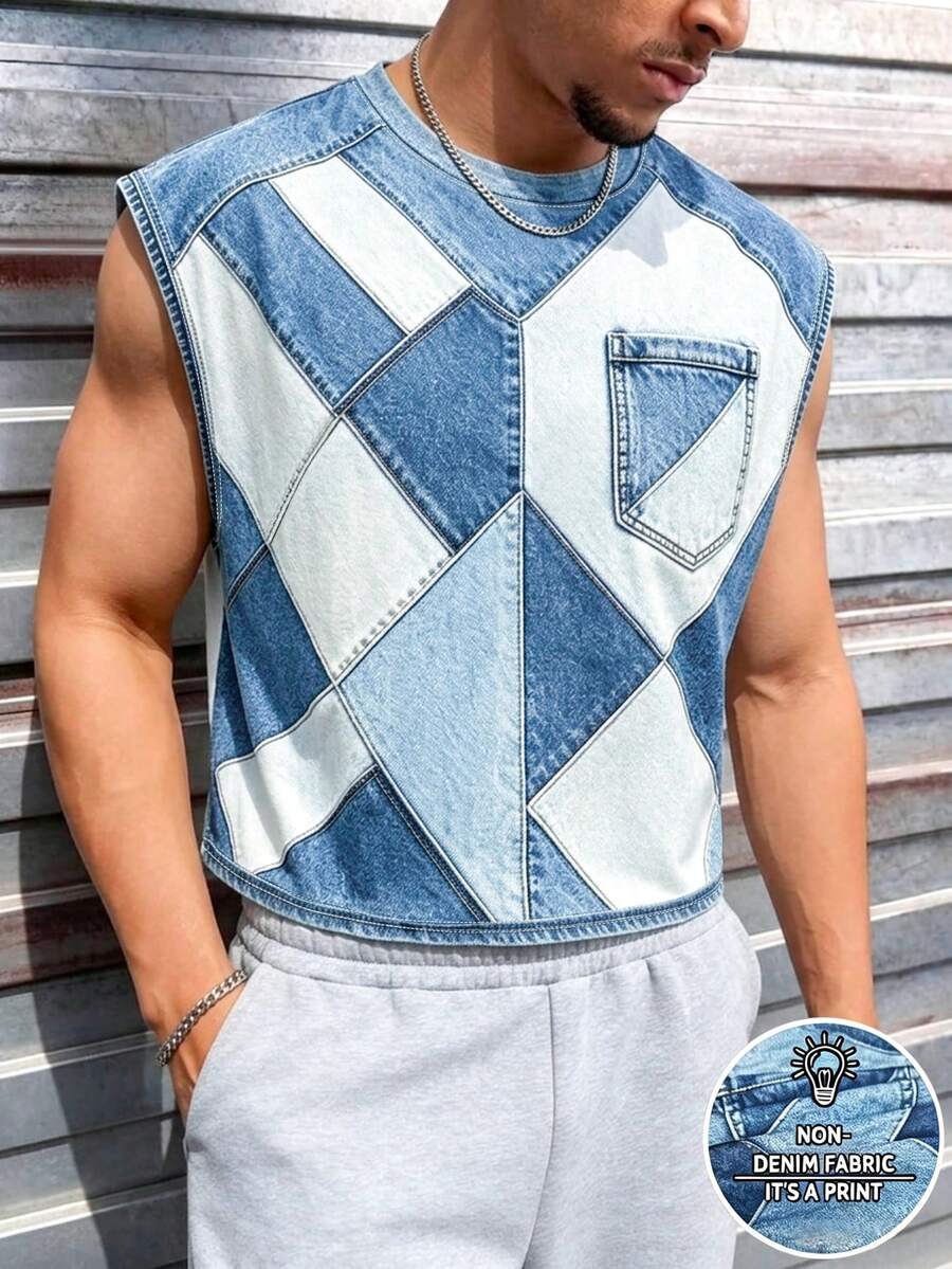 Manfinity Dauomo Summer Outdoor Top, Refreshing Men's Tank Top, Denim Effect Print Pattern Style, Graphic Design, Premium Feel, Daily Wear, Outdoor, Sports Style - Multicolor - View 1