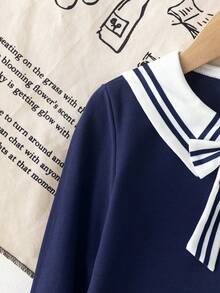 SHEIN Elladie kids 女童深藍色條紋領口兩件套 長袖領口上衣附蝴蝶結設計 搭配百褶迷你裙 秋季 7 歲生日禮物 - 藏蓝色 - 查看 6