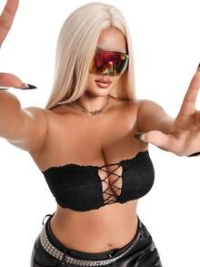 AltBold 1pc Romantic Lace Drawstring Bandeau Bra Plus Size - Black - View 5