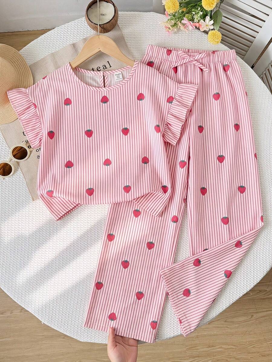 SHEIN Tween女孩休閒粉色與白色條紋甜美草莓短袖上衣與鬆緊腰長褲套裝 - 粉色 - 查看 1