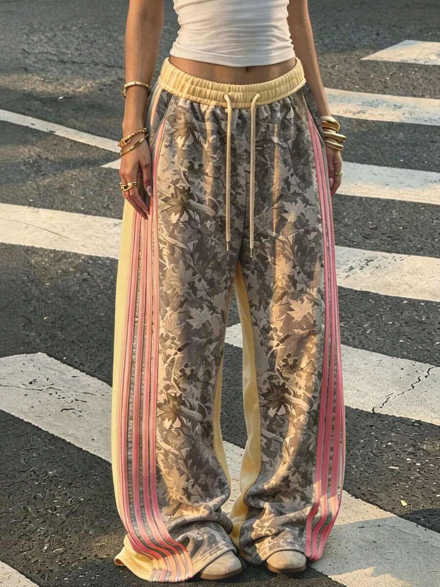 SuriyaCove 葉片迷彩圖案印花條紋編織飾邊時尚極簡休閒女款長褲 朋友禮物 運動 正式 黃色 秋季 - 彩色 - 查看 1
