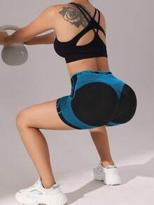 SHEIN Sports 女款條紋印花無縫高彈力瑜伽健身短褲 - 藍色 - 查看 4