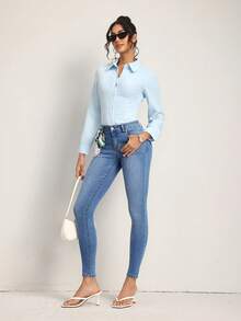 SHEIN Tall بنطلون جينز نسائي قصير بقصة ضيقة وجيوب بأزرار بأسلوب شارع مثير - الأزرق - مشاهدة 6