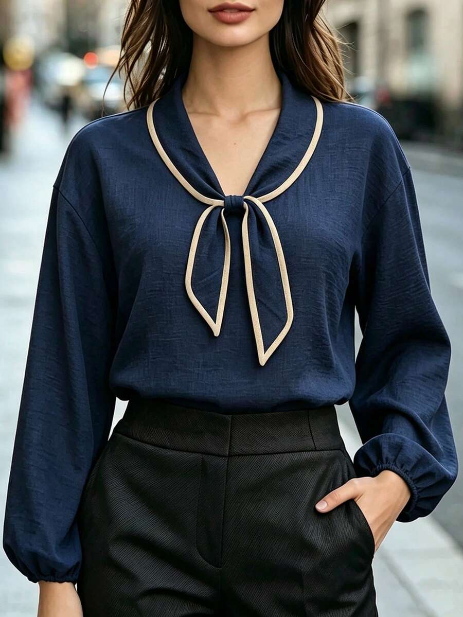 SHEIN Women Contrast Piping Tie Neck Blouse, Long Sleeve Elastic Cuff Loose Fit Shirt, Navy Blue Lightweight Casual Elegant Daily Office Ladies Top - Navy Blue - View 1