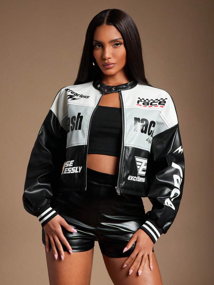 Radiana Women's New Autumn Letter Print Colorblock Short PU Leather Jacket, Motorcycle/Racing/Aviator Jacket, Autumn/Winter Versatile Outerwear - Multicolor - View 1