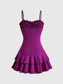 ROMWE Women's Mini Dress Cross Y2K Ruched Tiered Cake Skirt Spaghetti Strap Goth - Purple - View 2