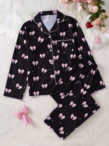 Teen Girls Black Base Bow Print Long Sleeve Cardigan & Long Pants 2 Pieces Set, Casual Comfortable Loungewear - Black - View 3