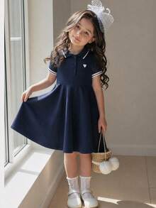 Elladie kids 女童領口愛心印花 Polo 洋裝 - 藏蓝色 - 查看 1