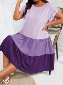 SHEIN Clasi 大尺碼女裝拼色荷葉邊連衣裙 - 彩色 - 查看 4
