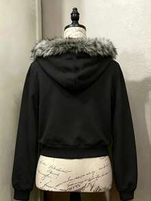 IslaSuriya Women's Regular Letter & Wing Print Zipper Front Hooded Sweatshirt With Fur Collar - Black - View 2