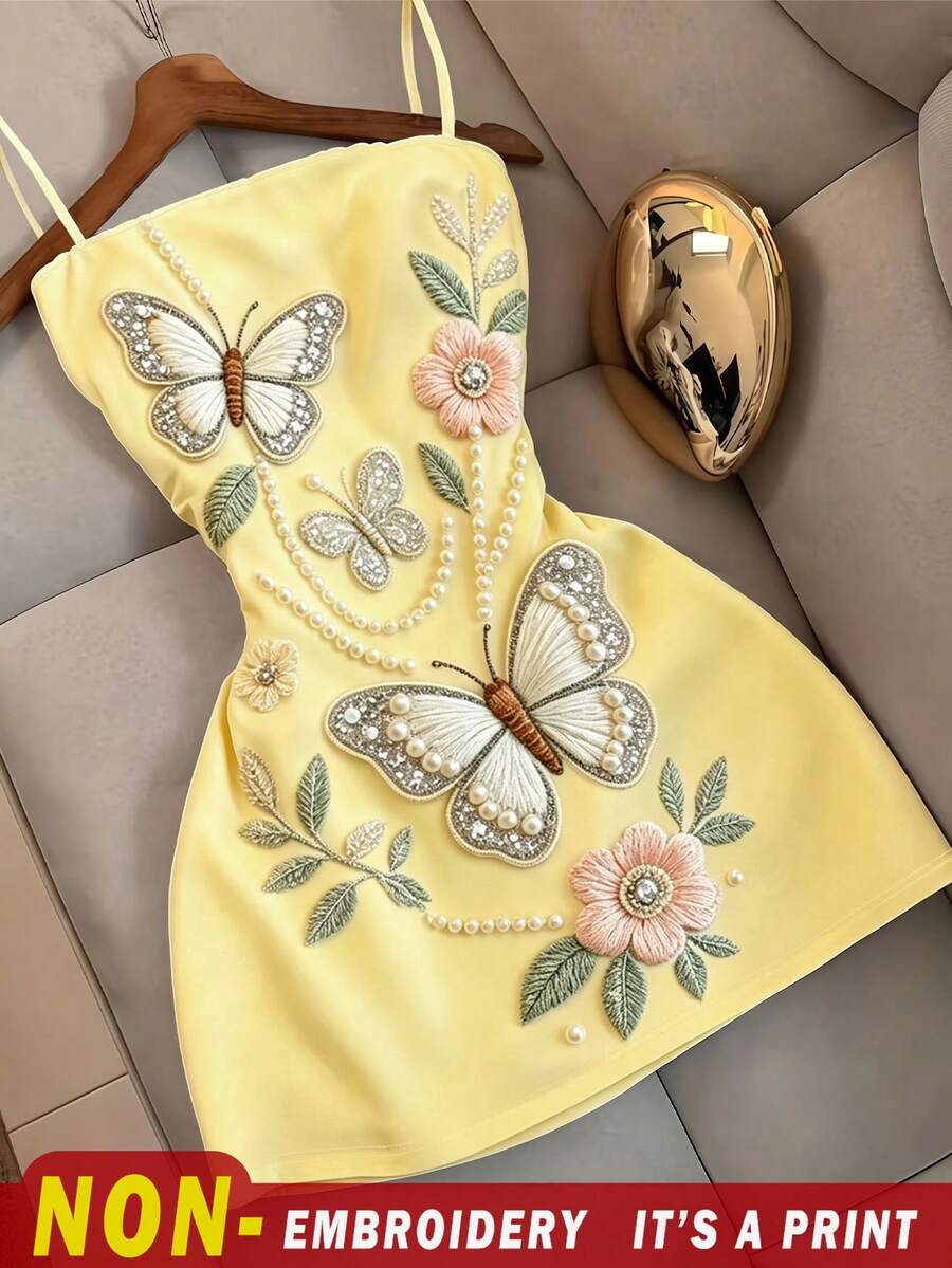 Resyla Women's Summer Elegant Floral Butterfly Print Spaghetti Strap Dress - Multicolor - View 1