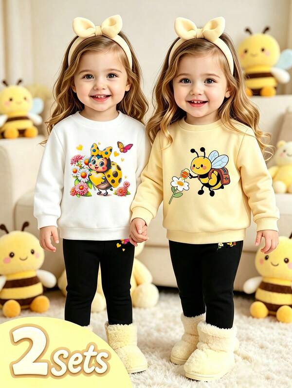 2 Sets Cute Little Bee Round Neck Fleece Sweatshirt & Tight Long Pants For Baby Girls, Sister Matching Outfit, Casual Autumn/Winter Wear