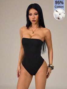 SHEIN PETITE 純色抹胸夏季時尚女款連身衣 - 黑色 - 查看 3