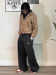Harrin Don Harrin Don Men's Drawstring Waist Pockets Star Embroidery Pattern Casual Sweatpants, Versatile For Autumn/Winter Men's Wide Leg Pants Double Design Pants Embroidered Pants Street Wear Pants - Multicolor - View 4