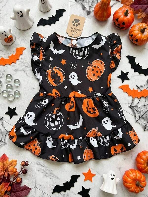 PETSIN 1pc Cute Ghost Pumpkin Bat Star Printed Pet Dress Halloween White Splicing Black Gentle Breathable Anti Hair Falling Comfortable Pet Clothing