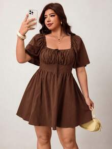 Enliva Plus Size Women's Spring/Summer New Casual Daily Wear, Suitable For Party, Date, Birthday, Music Festival, Back To School, Commute, Vacation And More Occasions, Ruffle Short Sleeve Dress, Off-Shoulder Design, Soft Cotton Blend Fabric, Loose Fit, Short Length, Black, Plus Size Available - Brown - View 8