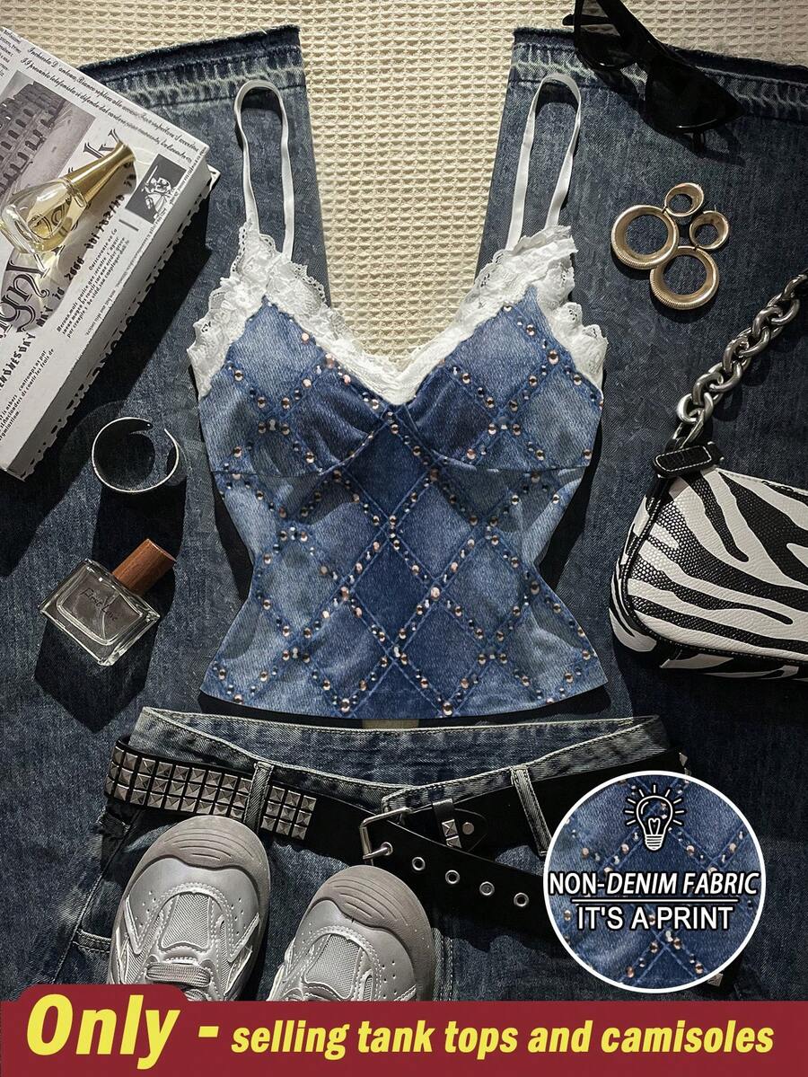 SHEIN 女士数码蕾丝拼接修身优雅吊带背心 - 彩色 - 查看 1