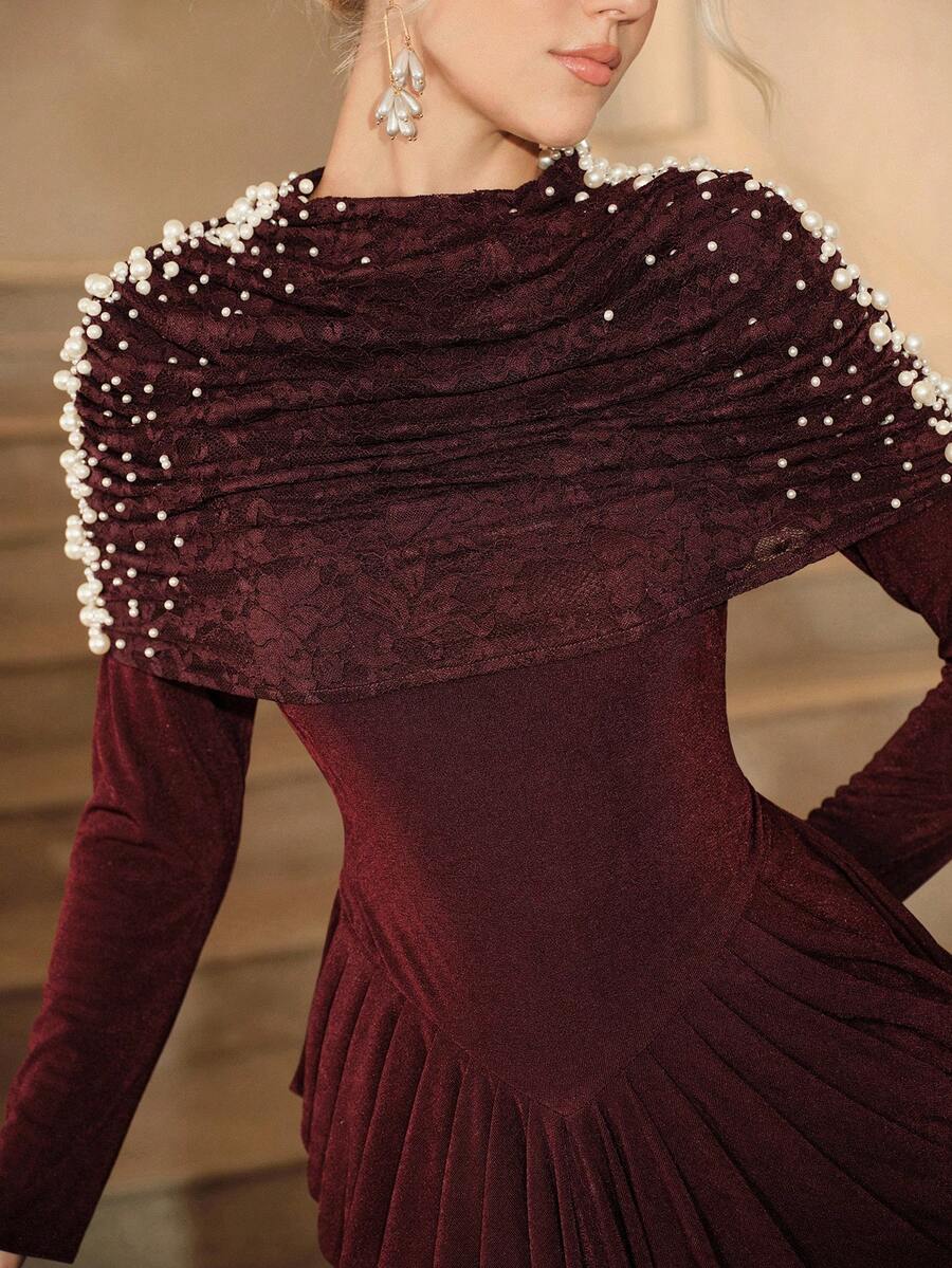 Anewsta Affair Gaun Malam Mewah Wanita Elegan Berwarna Burgundy dengan Hiasan Renda dan Patchwork untuk Acara Pernikahan dan Pesta. - Burgundy - View 1