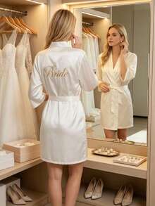 Cirelle 1pc Satin Bride Robe With Gold Embroidery - Soft Silk Kimono Bridal Robe For Women - Short White Bathrobe Loungewear For Wedding Day, Bridal Party & Getting Ready - White - View 2