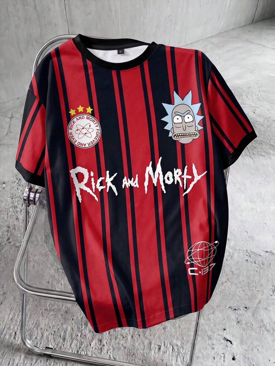 Rick and Morty X SHEIN 男士条纹卡通图案休闲圆领短袖T恤 - 白色 - 查看 1