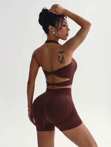 Mistrie Women's Solid Color Backless Halter Top And Shorts Sports Set - Brown - View 5