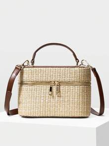 MOTF WOMEN'S FASHION APRICOT STRAW HANDBAG, EXQUISITE SIMPLE BOX BAG, FOR DAILY, COMMUTING, SHOPPING, SUMMER VACATION, TRAVEL, BEACH, SEASIDE - Brown straw weaving - View 5