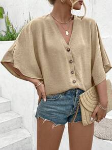 Ceyna Plus Size Women's Elegant Solid Color Jacquard V-Neck Raglan Sleeve Button Decor Beach Resort 2025 Spring/Summer New Versatile Blouse - Khaki - View 1
