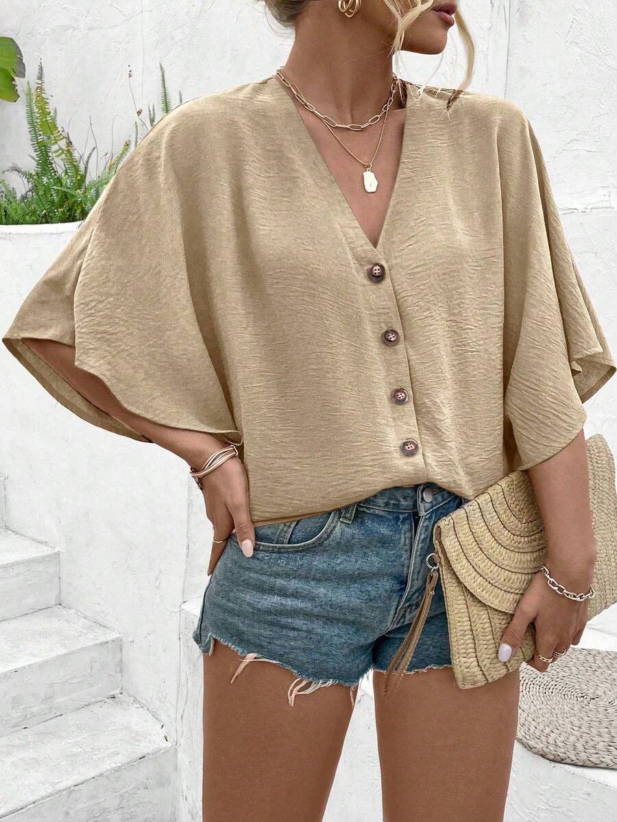 Ceyna Plus Size Women's Elegant Solid Color Jacquard V-Neck Raglan Sleeve Button Decor Beach Resort 2025 Spring/Summer New Versatile Blouse - Khaki - View 1
