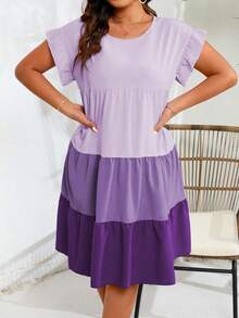SHEIN Clasi 大尺碼女裝拼色荷葉邊連衣裙 - 彩色 - 查看 5