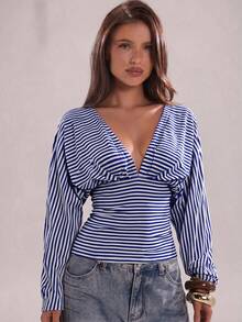 SHEIN BAE 女款條紋深V領蝙蝠袖長袖時尚上衣 - 藏蓝色 - 查看 3