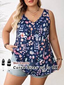 SHEIN CURVE+ 女款大尺碼綠色V領寬鬆背心 - 藏蓝色 - 查看 6