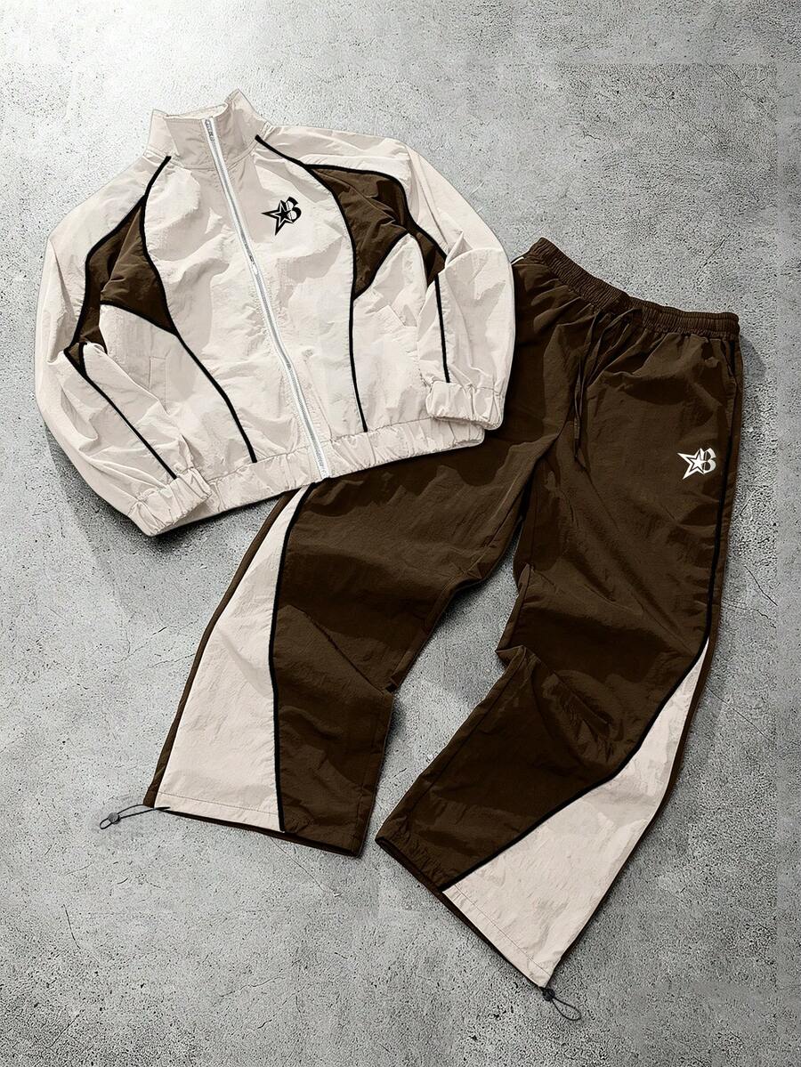 ÉpureWay 2pcs Men's Vintage Style Tracksuit Set, Stand Collar Jacket And Beige Chocolate Brown Pants, Color Block, Unique Bright Design, Streetwear Beach Fall - Coffee Brown - View 1