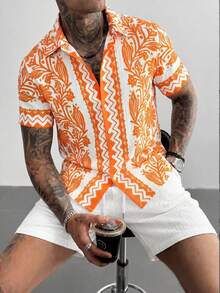 Manfinity Homme Plus Size Men's Vacation Floral Print Single-Breasted Shirt And Drawstring Waist Cargo Shorts Set - Multicolor - View 1