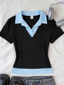 兒童青少年女孩夏季新款黑白配色拼接 2 合 1 拼接 Polo 領短袖 T 恤，休閒學院風 - 黑色 - 查看 3