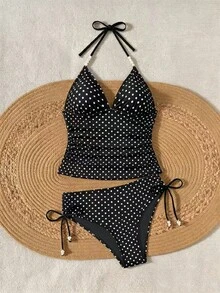 Sunnyshic Beach Party Outfits For Woman Vacation Solid Color Knitted Textured Spot Beaded Drawstring Spaghetti Strap Bikini Top Black And White Polka Dot Summer - Black - View 8