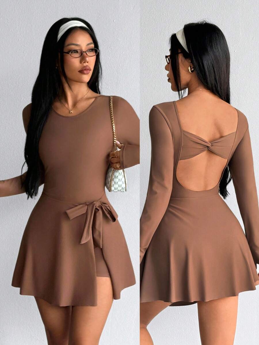 Dewbera Dewbera 1pc Solid Color Backless Cutout Shorts Skirt Design Women's Sports Dress - Brown - View 1