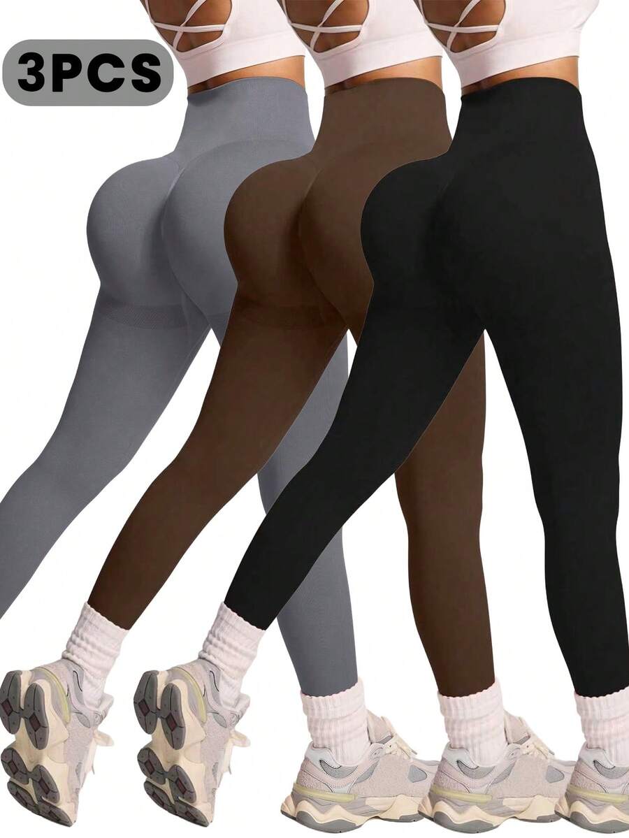 SHEIN Velisys 2件組女款高腰無縫修身瑜珈褲，親膚透氣 - 彩色 - 查看 1