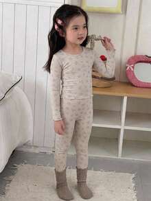 DAZY Ditsy Floral Fitted Long Sleeve Top And Long Pants 2 Pieces Set, Young Girls Ditsy Floral Round Neck Loungewear Fall - Beige - View 6