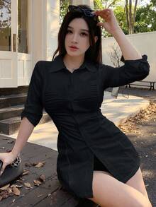 DAZY 春秋夏款純色極簡修身商務休閒通勤辦公穿搭時尚基礎長袖女式襯衫 - 黑色 - 查看 3